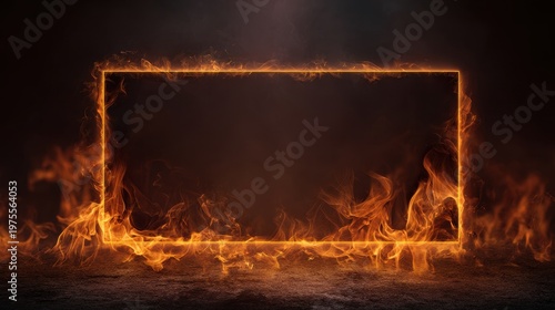 Fiery Orange Square Frame Ignited with Intense Flames and Embers on Dark Textured Ground with Smoky Background Dramatic Lighting