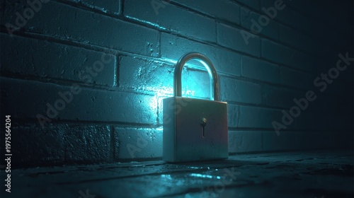 Glowing Cyan Light Illuminates a Wet Brick Wall and a Metal Padlock in a Dark Alleyway Evoking a Sense of Mystery and Security