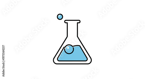 Minimalist representation of a laboratory flask with blue liquid and bubble illustration