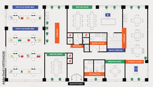 Office Floor Plan with Meeting Rooms and Workstations