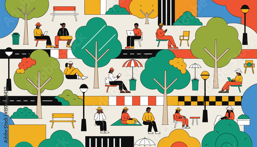 Diverse people relax in vibrant urban park scene