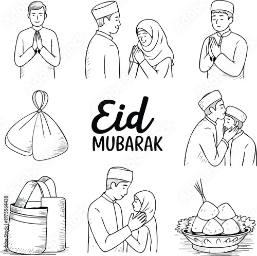 Vector Line Art Illustration of Muslim Characters Celebrating Eid for Gift Packaging and Social Media Stickers