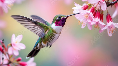 A hummingbird hovers near a pink flower in a lush garden with blurred background