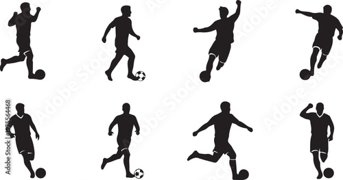 Soccer player silhouettes set, 8 football athlete vector icons, black male figures playing with ball, athletic sports action poses for graphic design