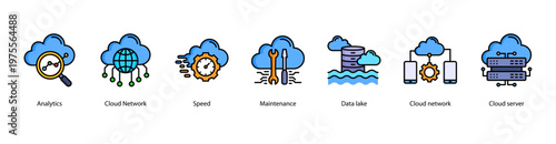 Cloud Infrastructure web banner icon vector illustration featuring Analytics, Cloud Network, Speed, Maintenance, Data Lake, Cloud Network, and Cloud Server.