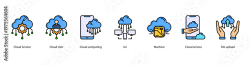 Cloud Solutions web banner icon vector illustration featuring Cloud Service, Cloud User, Cloud Computing, IoT, Machine, Cloud Service, and File Upload.