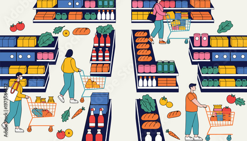 Shoppers navigating crowded supermarket aisles