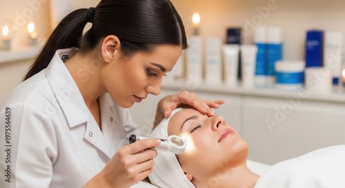 Professional dermatologist or aesthetician using a magnifying lamp to examine a woman's facial skin in a bright clinical setting.