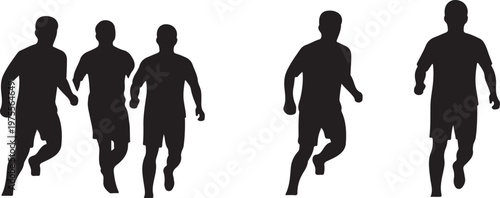 Running men silhouettes, group of male joggers in motion, black athletic figures set, marathon runners and fitness training vector