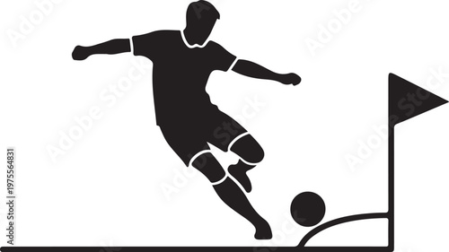 Soccer player silhouette taking a corner kick, football athlete kicking ball from corner flag, black vector icon for sports competition