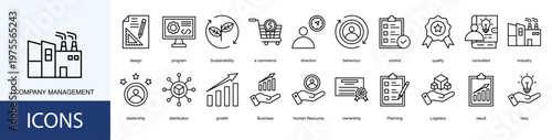 company management  Icon Set Collection Pack Vector Illustration Concept. Containing design, program, Sustainability, e commerce, direction, behaviour, control, quality icon