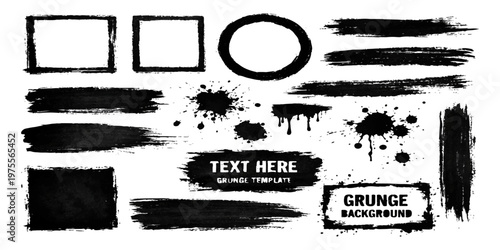 Set of black grunge ink splashes and textured brush stroke frames in a messy vintage style suitable for artistic design and decoration