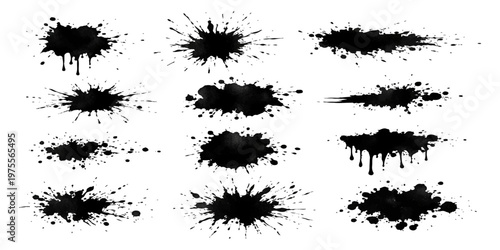 A collection of black ink splashes and blots with grunge paint splatter and dripping texture design