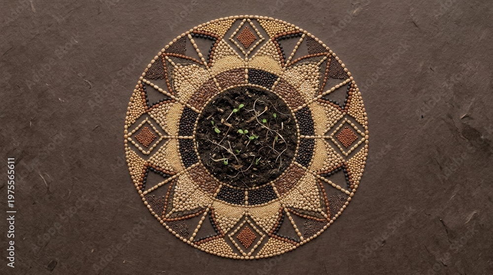 Obraz premium Geometric seed mandala around tender sprouts in dark soil, symbolic earth ritual image of ecological balance, nature conservation harmony, regenerative growth, and mindful ecosystem care