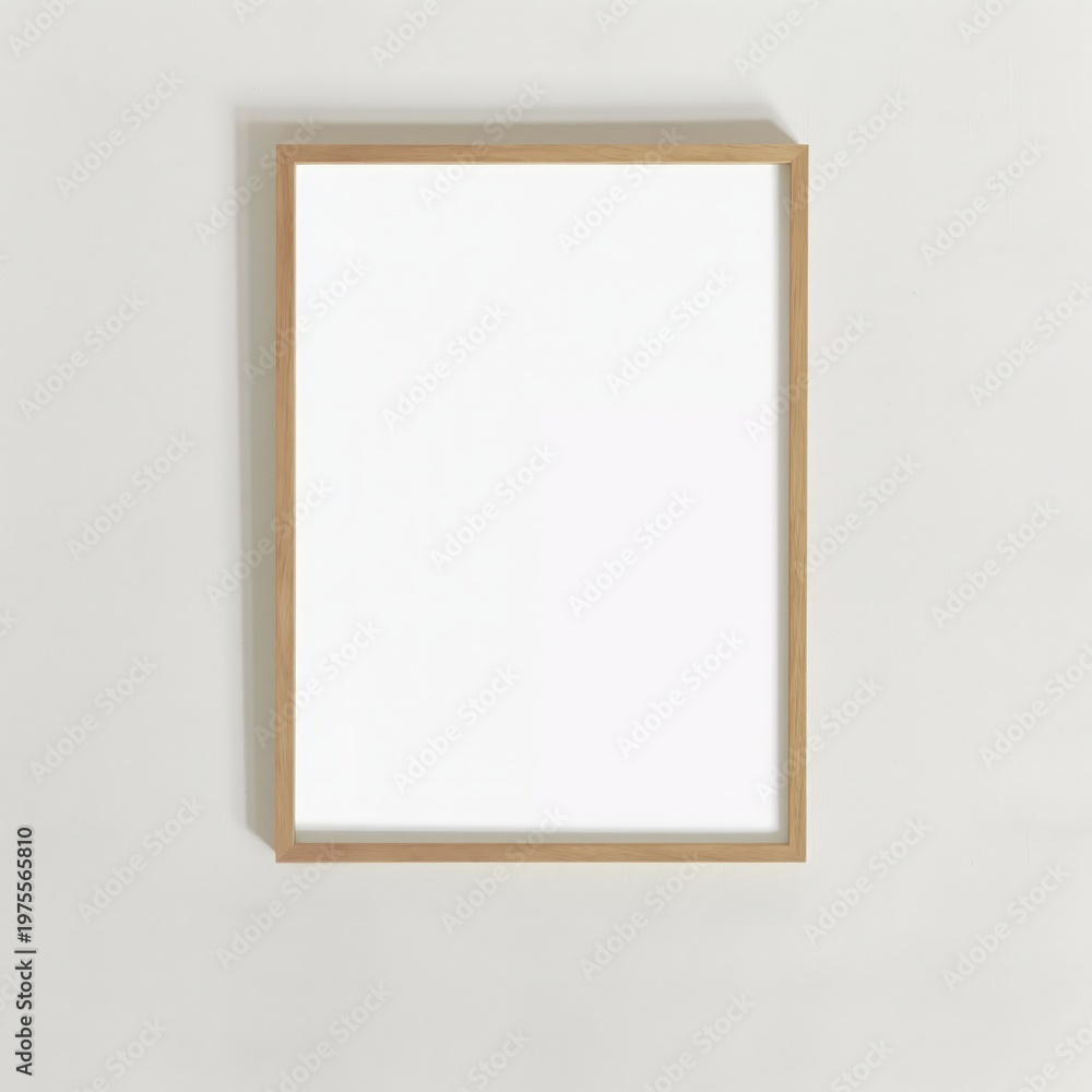 Obraz premium A minimalist wooden frame with a blank white canvas, hanging on a plain light-colored wall.