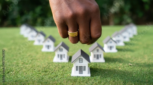 Hand Placing Miniature House on Grassy Field with Rows of Homes in Background symbolizing Real Estate Investment Decisions and Property Ownership Choices Outdoors