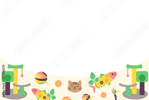 Cute kitten toys bottom border background with copy space. Flat design vector illustration for cat cafe marketing and feline accessory shop banner