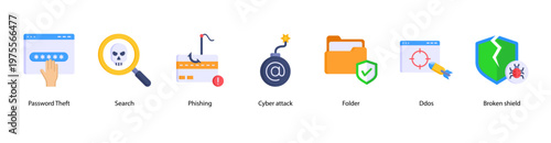 Cyber Attacks web banner icon vector illustration featuring Password Theft, Search, Phishing, Cyber Attack, Folder, DDoS, and Broken Shield.