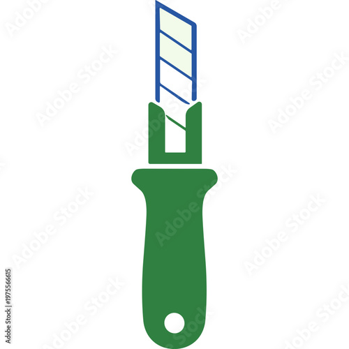 A green handled utility knife with a blue and white blade.