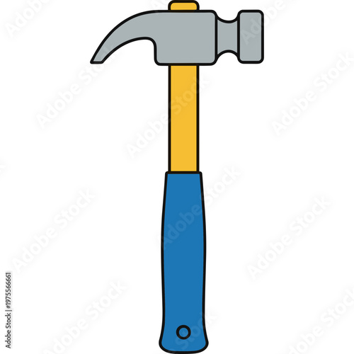 A hammer with a yellow handle and blue grip is shown upright.