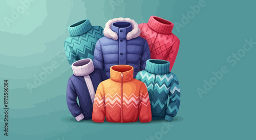 Collection of colorful winter sweaters and jackets for cold weather.