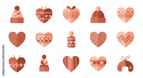Collection of various heart-shaped and winter-themed objects with intricate patterns.