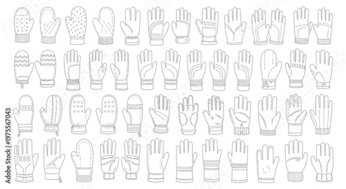 Collection of various gloves and mittens in outline style, perfect for winter wear.