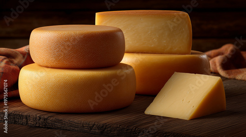 Cheese wheels artisanal food scene rustic background