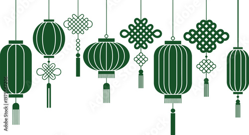 hanging lanterns with tassels and ornamental knots in dark green arranged symmetrically representing traditional cultural festive celebration artistry