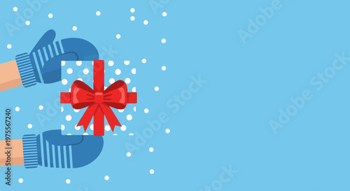 Hands in blue mittens holding a festive gift box with a red bow.