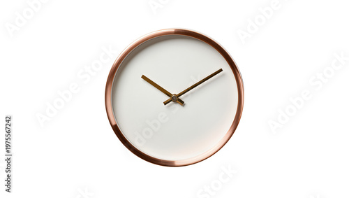 Minimalist copper framed clock with white face and dark hands, isolated on transparent background