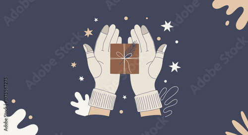Hands in mittens holding a small wrapped gift box.