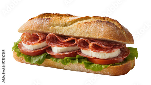 Tableau sur toile Hearty sub sandwich with salami mozzarella tomato and lettuce, isolated on trans