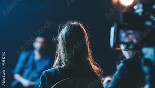 A woman is being filmed or interviewed in a dimly lit studio, with a camera and light focused on her from behind.