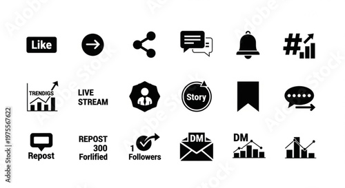 A collection of social media icons and symbols in a flat, minimalist design style