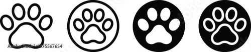 paw print icons arranged horizontally showing variations of outline solid and circular borders with contrasting black and white designs