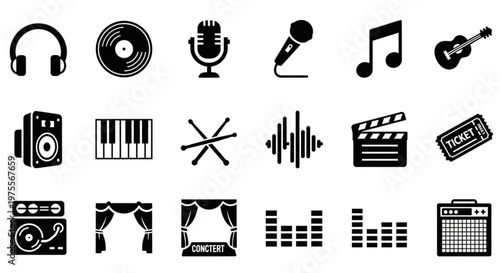 A collection of black and white vector icons representing various music and film related symbols