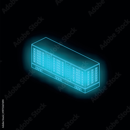 Neon blue glowing ram memory module floating on black background, representing computer technology and hardware