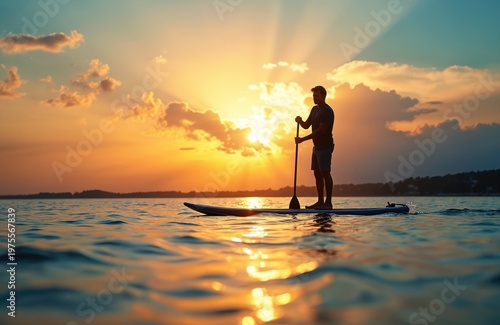 Man paddleboards on calm water at sunset. He stands on a board, holding a paddle. The sun creates a bright orange sky with clouds and rays. He enjoys water recreation.