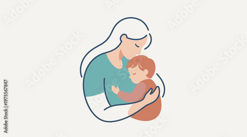 A tender flat design icon illustrating a mother embracing her child, symbolizing love, security, and the bond of motherhood. This minimalist vector piece uses warm colors for a comforting feel.
