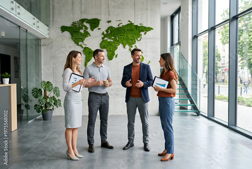 Business people talking in modern office lobby with world map.