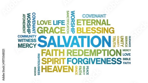 Salvation animated word cloud-text design animation tag kinetic typography seamless loop.