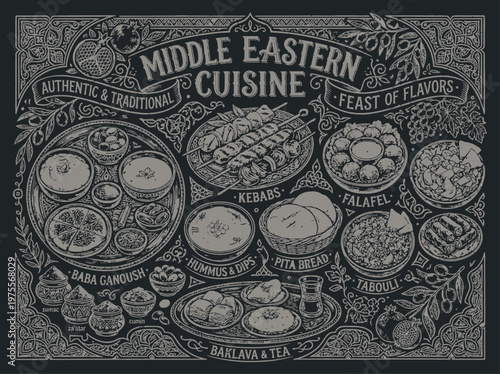 Middle Eastern Food Chalkboard Illustration with Hand Drawn Culinary Elements