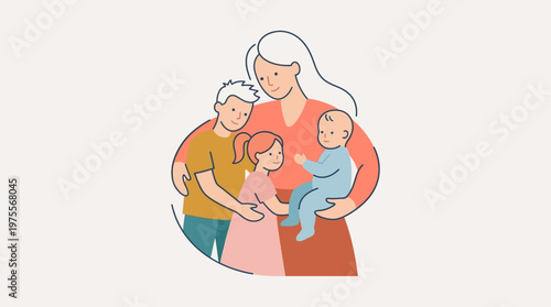 A tender flat design icon illustrating a mother embracing her child, symbolizing love, security, and the bond of motherhood. This minimalist vector piece uses warm colors for a comforting feel.
