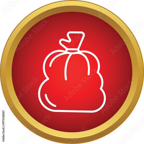 White outline icon of a tied garbage bag on a round red background with gold frame
