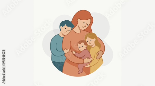 A tender flat design icon illustrating a mother embracing her child, symbolizing love, security, and the bond of motherhood. This minimalist vector piece uses warm colors for a comforting feel.
