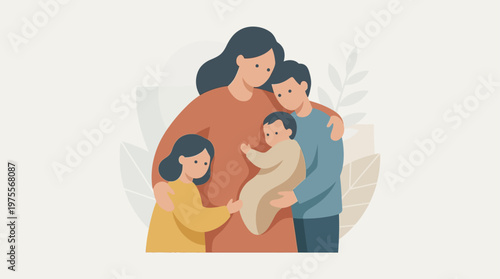A tender flat design icon illustrating a mother embracing her child, symbolizing love, security, and the bond of motherhood. This minimalist vector piece uses warm colors for a comforting feel.
