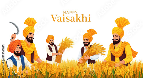 A vibrant vector illustration showcases a group of Sikh men in traditional attire celebrating Vaisakhi with golden wheat sheaves in a sunlit wheat field, embodying the joyful spirit