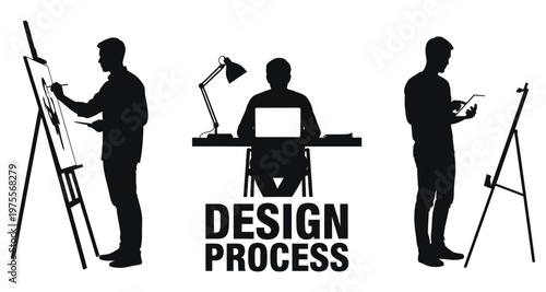 Artist creating with easel and tablet during design process in silhouette