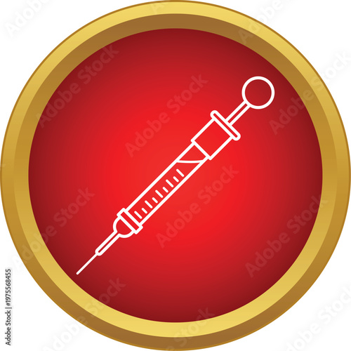 White outline syringe icon on a red circle with gold border representing medical care
